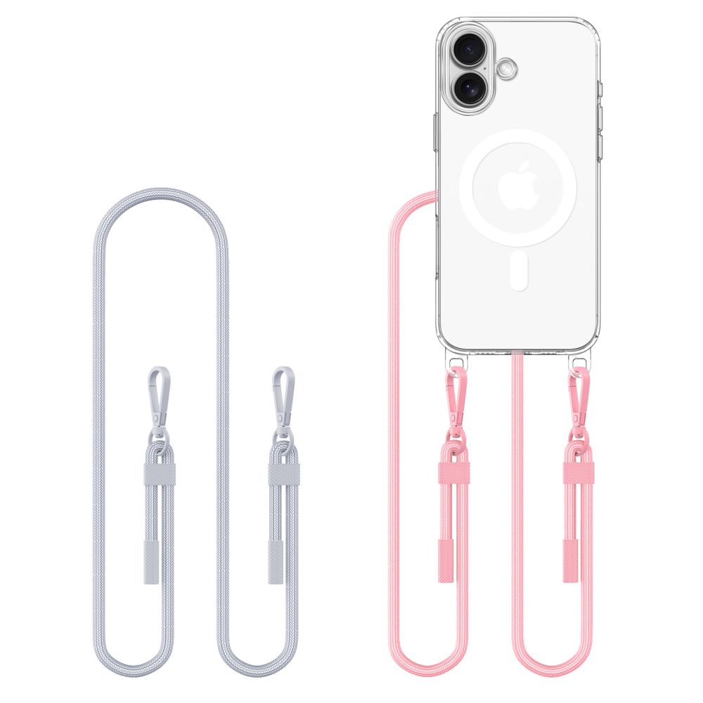 Tech-Protect Flexair Chain MagSafe Case til iPhone 16 - Clear + 2 Lanyards (Pink og Grå)
