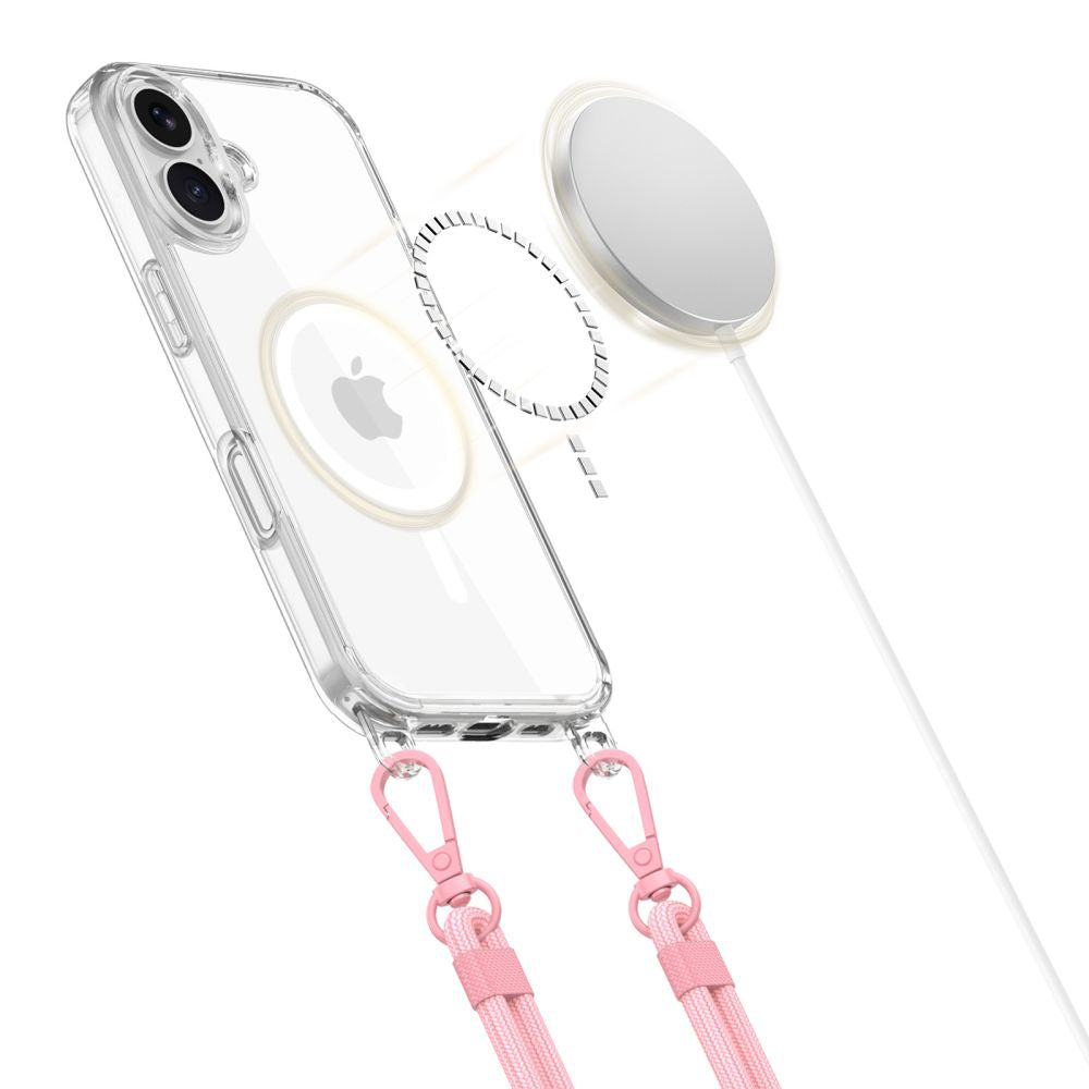 Tech-Protect Flexair Chain MagSafe Case til iPhone 16 - Clear + 2 Lanyards (Pink og Grå)