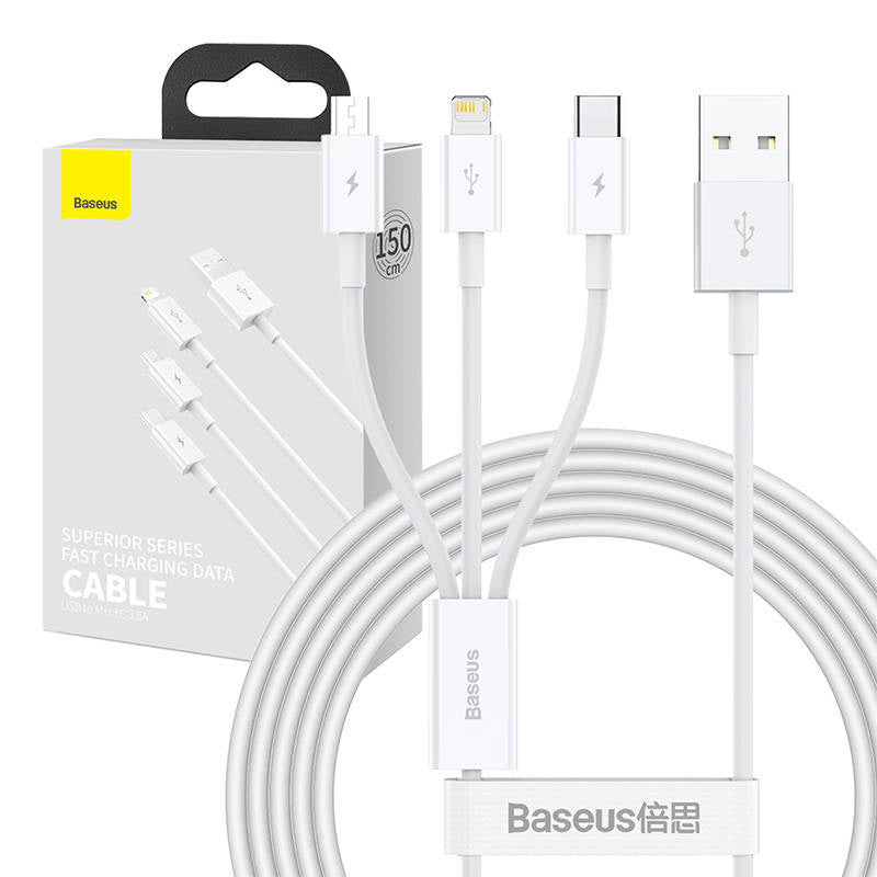 USB-kabel 3in1 Baseus Superior Series, USB til mikro USB / USB-C / Lightning, 3,5 A, 1,5 m (hvid)