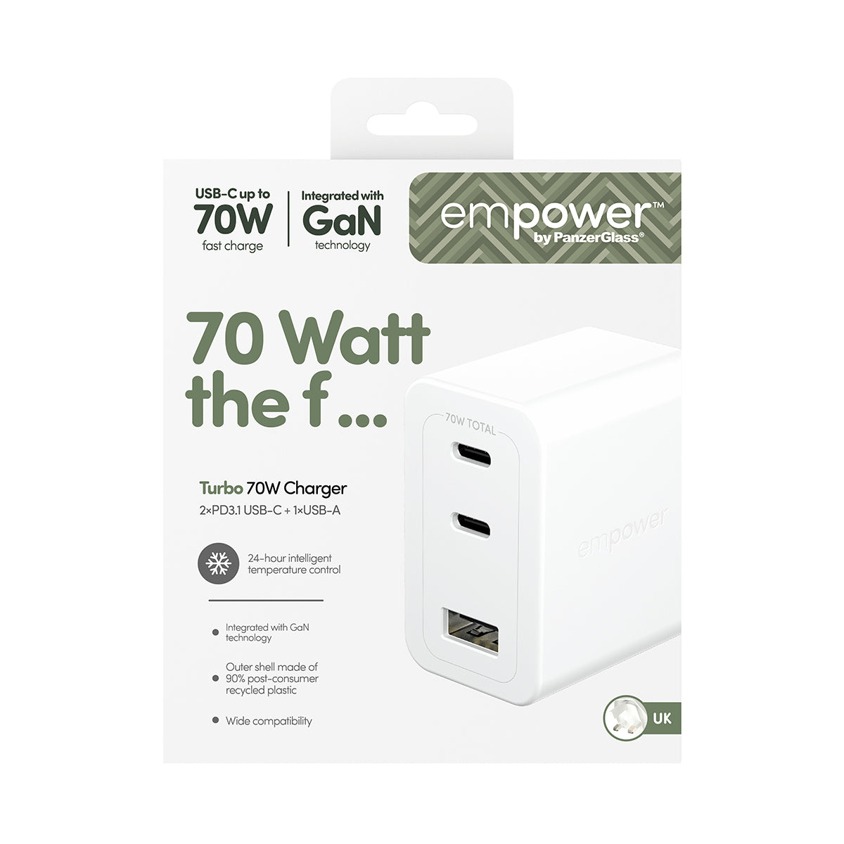 PanzerGlass empower by ® Turbo 70W Multiple Oplader inkl. 2 x USB-C + USB-A | UK Stik | Silver White