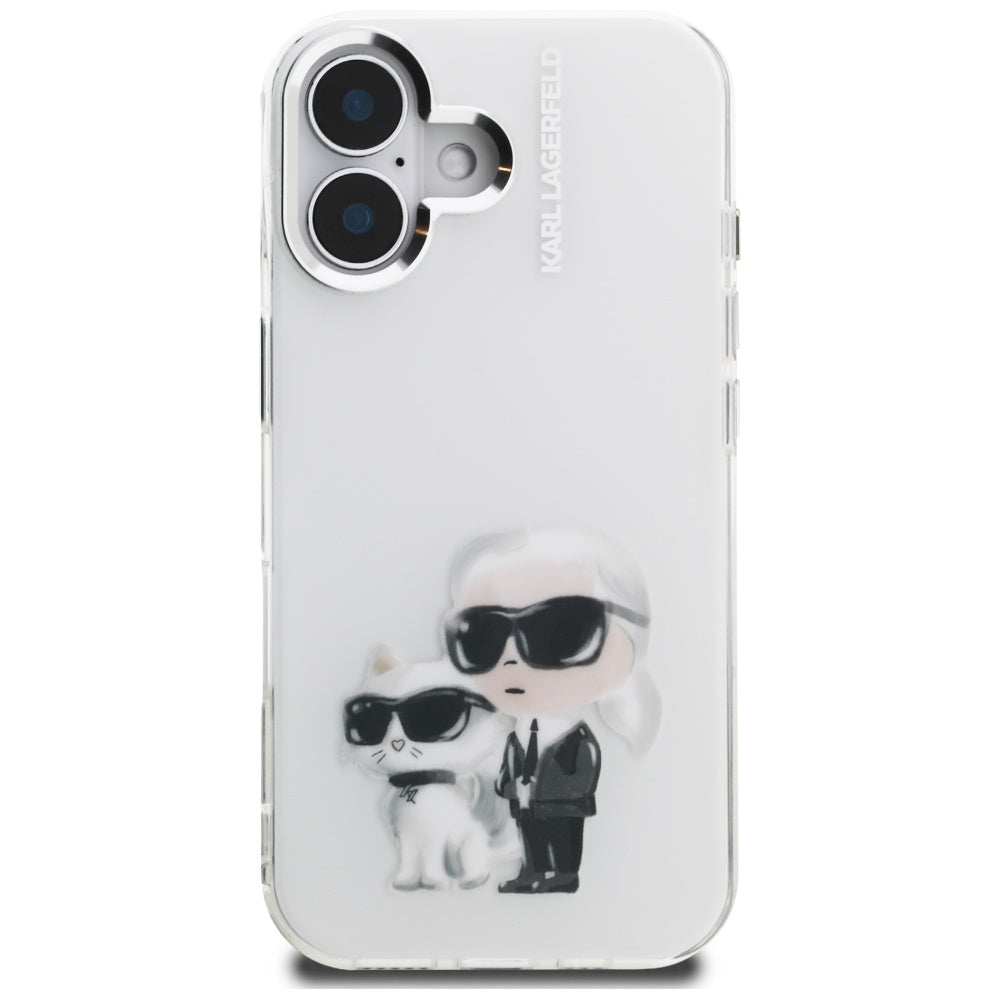Karl Lagerfeld IML Aquarelle Karl & Choupette & Logo iPhone 16 Case - White