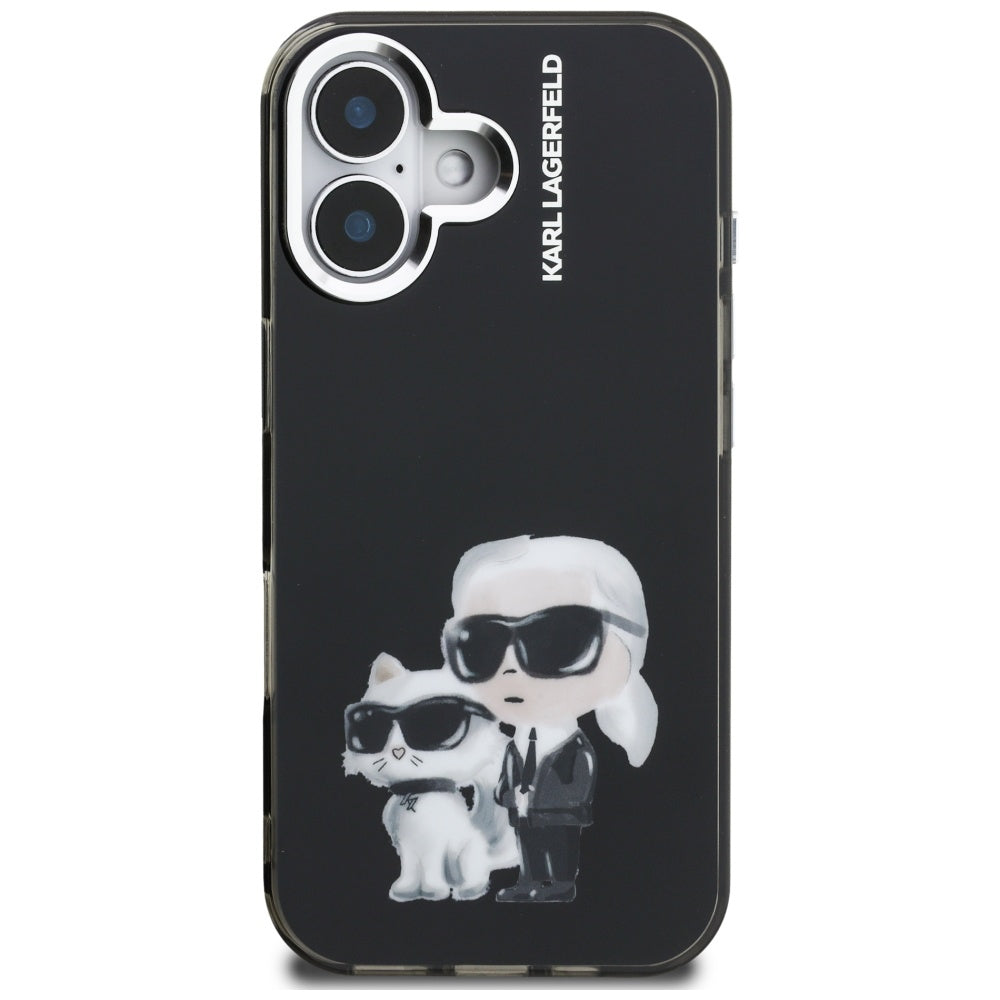 Karl Lagerfeld IML Aquarelle Karl & Choupette & Logo iPhone 16 Case - Black