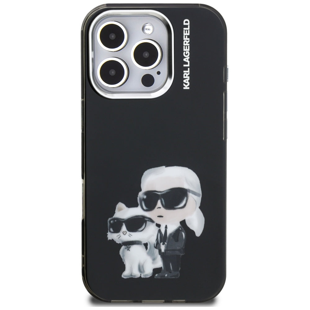 Karl Lagerfeld IML Aquarelle Karl & Choupette & Logo Case for iPhone 16 Pro Max - Black