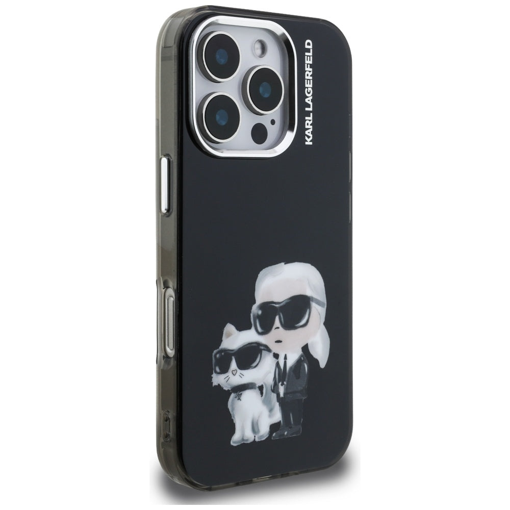 Karl Lagerfeld IML Aquarelle Karl & Choupette & Logo Case for iPhone 16 Pro Max - Black