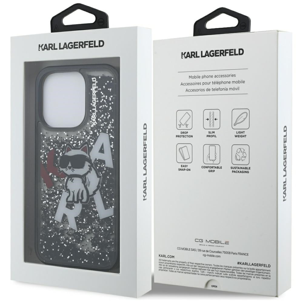 Karl Lagerfeld Liquid Glitter Choupette Logo Case for iPhone 16 Pro - Black