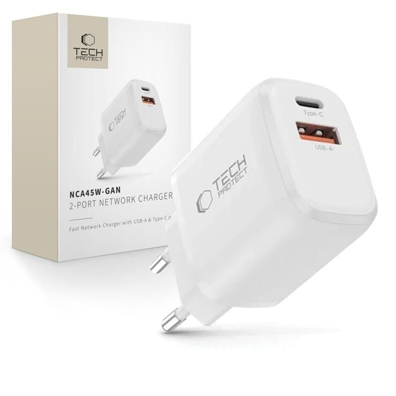 Tech-Protect NCA45W-GAN 2-Port USB-C / USB-A 45W Wall Charger - hvid