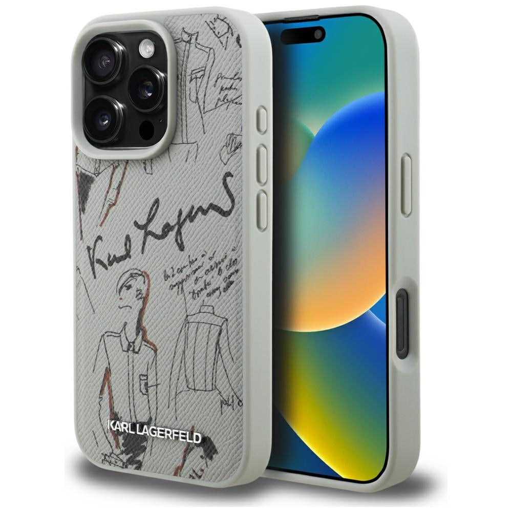 Karl Lagerfeld Grained Pattern & Logo MagSafe Case til iPhone 16 Pro - Grå