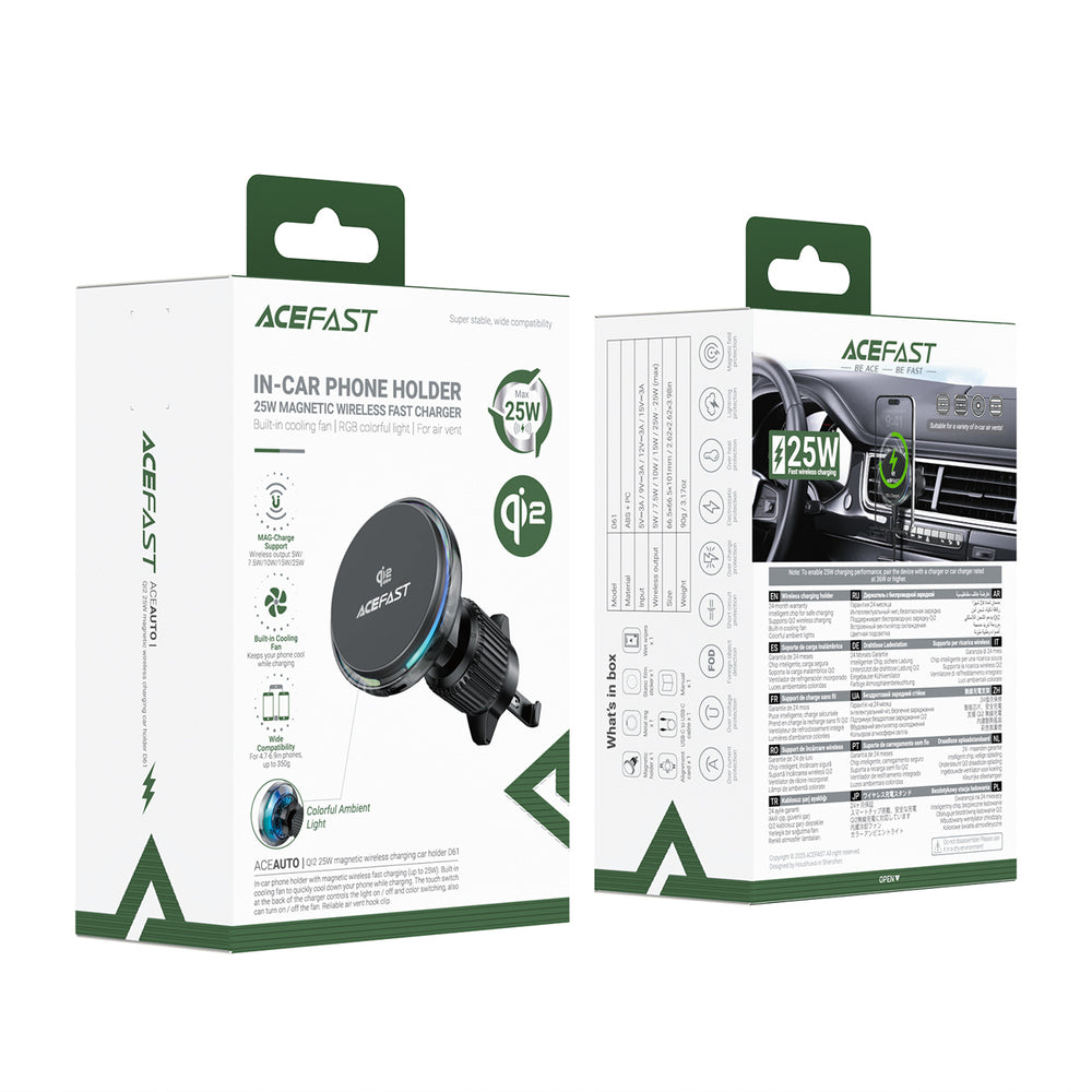 Acefast D61 Magnetic Car Air Vent Holder med Qi2 25W trådløs opladning - Grå