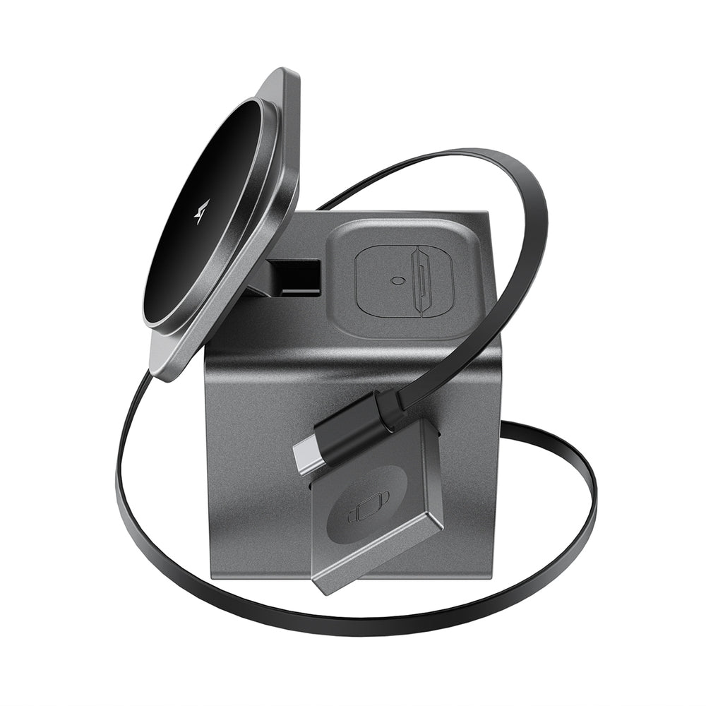 Acefast E34 22.5W 3-in-1 inductive charger with built-in cable for smartphone and smartwatch - gray