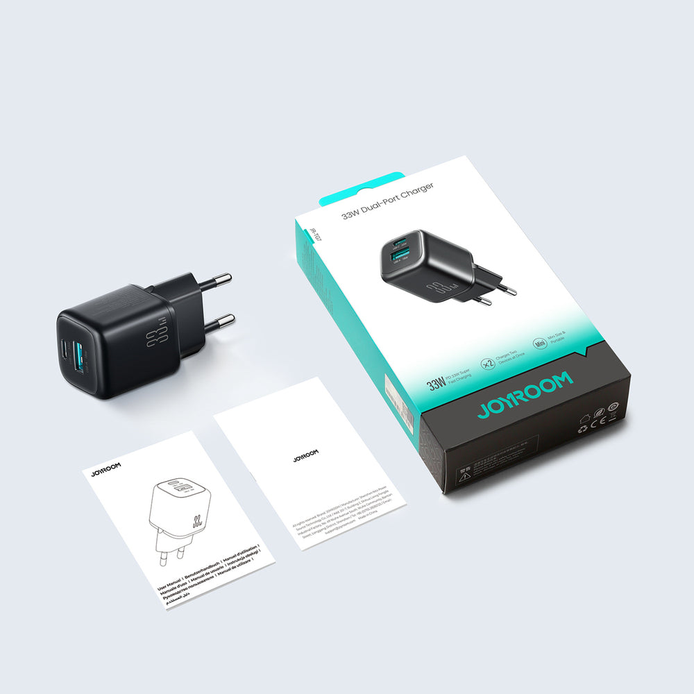 Joyroom JR-TG7 33W USB-A + USB-C Wall Charger med 60W USB-C til USB-C 1m Kabel - sort