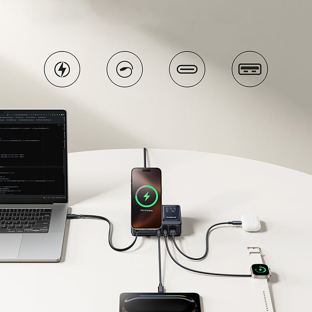 Baseus NOMOS 140W Qi2 5-in-1 Wireless Charging Station with Retractable USB-C Cable and Digital Display - Black