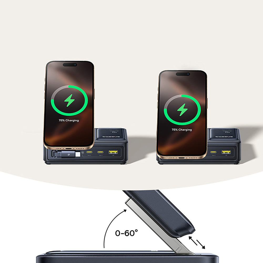 Baseus NOMOS 140W Qi2 5-in-1 Wireless Charging Station with Retractable USB-C Cable and Digital Display - Black