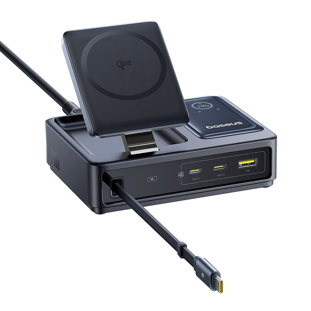 Baseus NOMOS 140W Qi2 5-in-1 Wireless Charging Station with Retractable USB-C Cable and Digital Display - Black