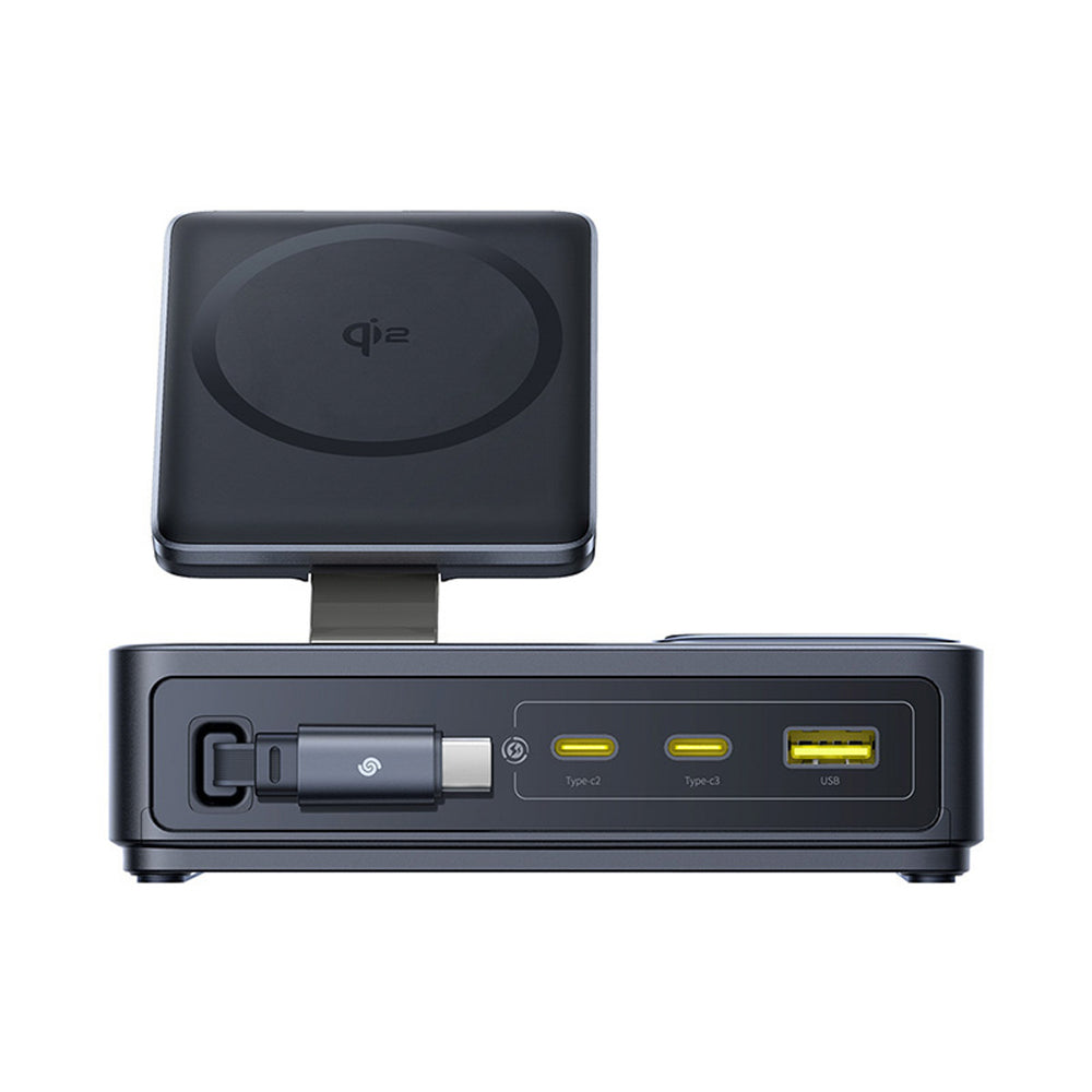 Baseus NOMOS 140W Qi2 5-in-1 Wireless Charging Station with Retractable USB-C Cable and Digital Display - Black