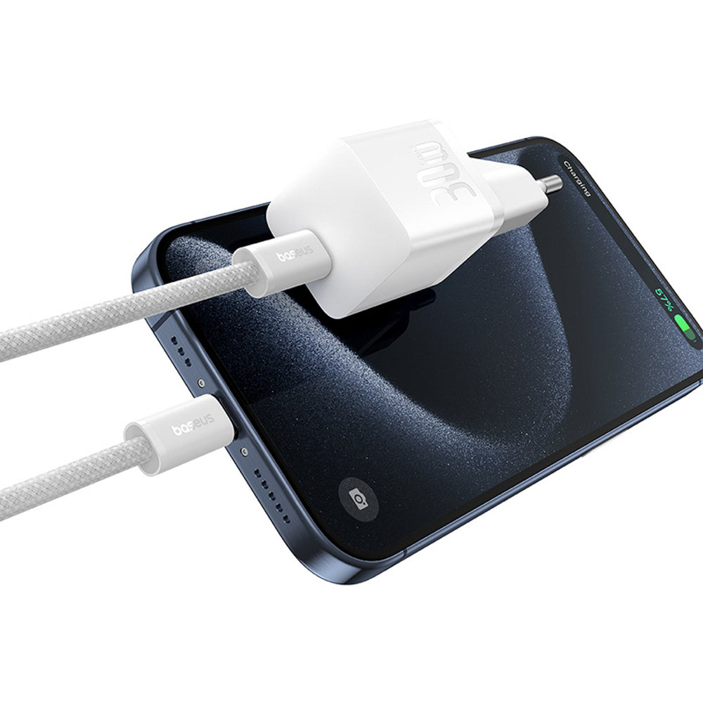 Baseus GaN5 USB-C 30W Wall Charger with Baseus Dynamic 3 USB-C 100W 1m Cable - White