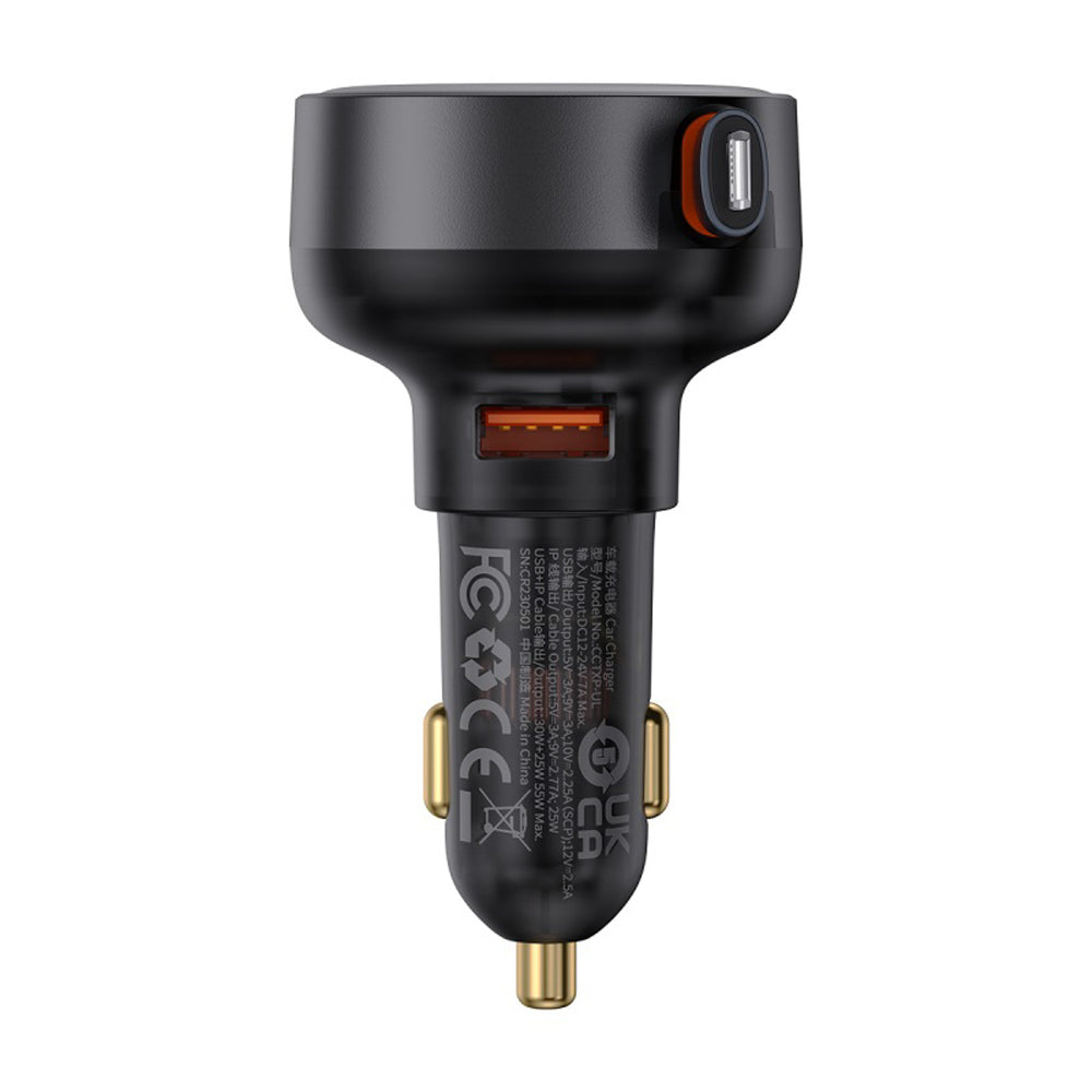 Baseus Enjoyment Pro 55W USB-A Car Charger with Retractable Lightning Cable - Black