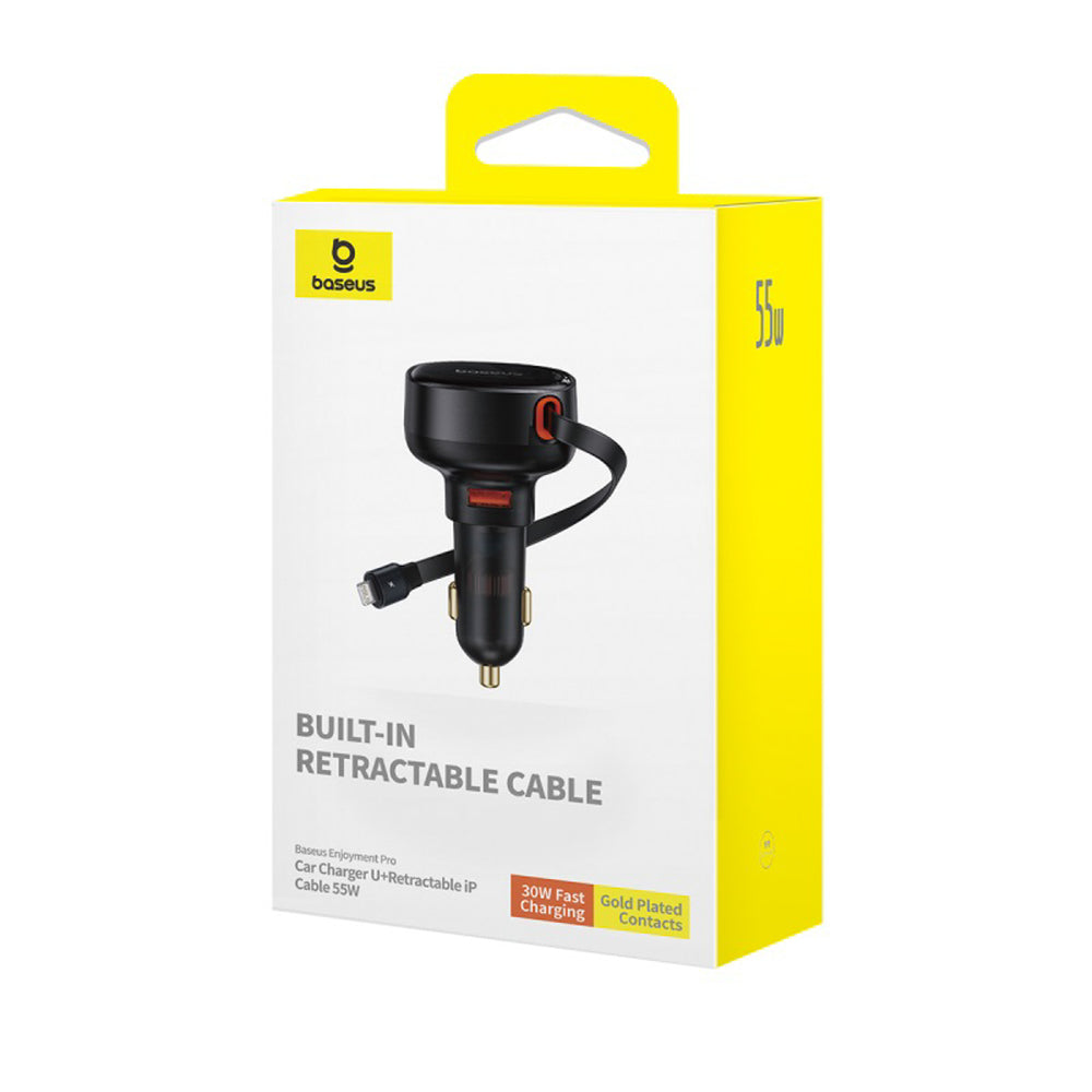 Baseus Enjoyment Pro 55W USB-A Car Charger with Retractable Lightning Cable - Black