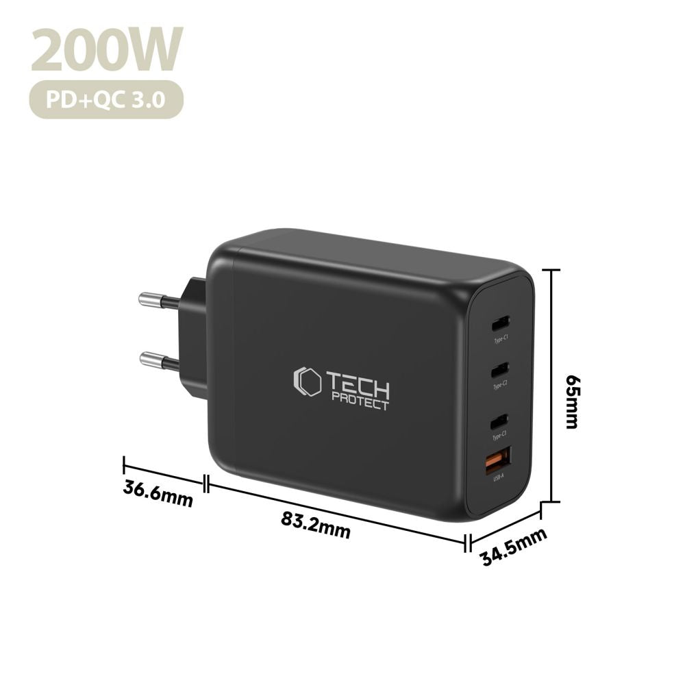 Tech-Protect NC200W-GaN 4-port 200W vægoplader - sort