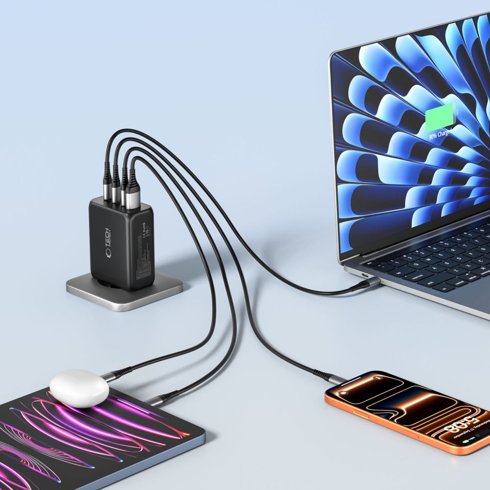 Tech-Protect NC200W-GaN 4-port 200W vægoplader - sort
