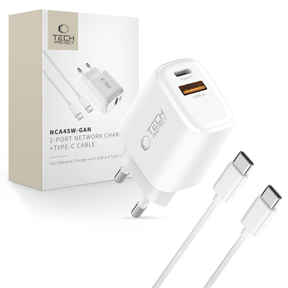 Tech-Protect NCA45W-GAN 2-Port 45W Wall Charger med USB-C-kabel - hvid