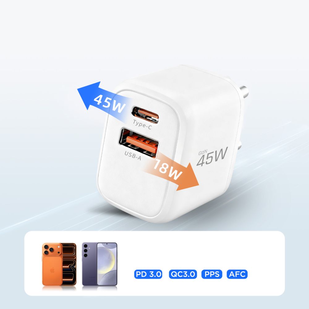 Tech-Protect NCA45W-GAN 2-Port 45W Wall Charger med USB-C-kabel - hvid