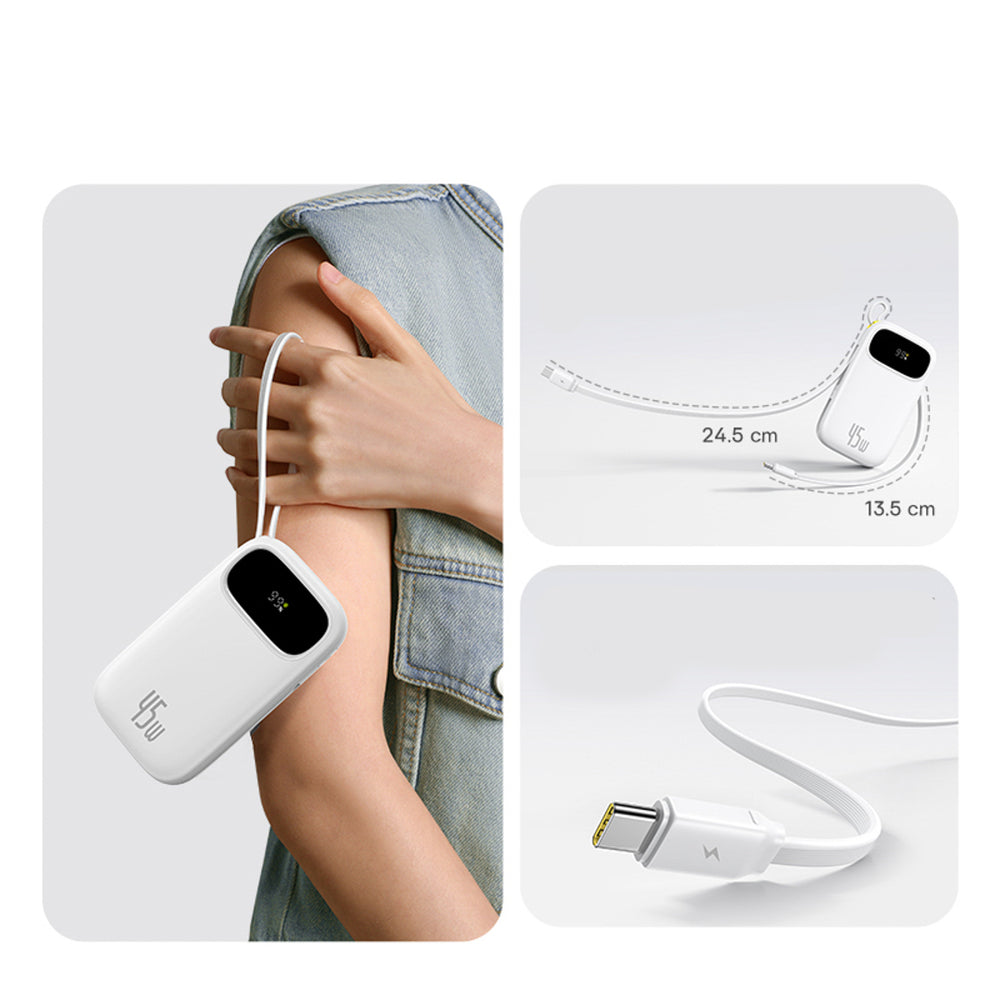 Baseus EnerFill FC31 QPow3 20000mAh 45W Power Bank with Digital Display with 2 Built-in USB-C Cables - White
