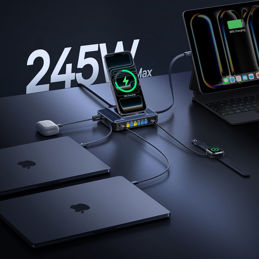 Baseus Nomos NH21 6-in-1 245W Wireless Charging Station with Two Retractable USB-C Cables - Black