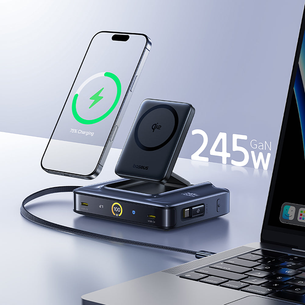 Baseus Nomos NH21 6-in-1 245W Wireless Charging Station with Two Retractable USB-C Cables - Black