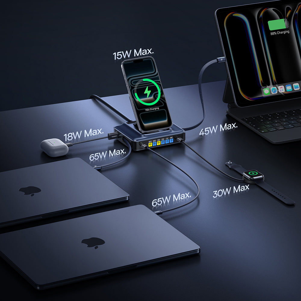 Baseus Nomos NH21 6-in-1 245W Wireless Charging Station with Two Retractable USB-C Cables - Black