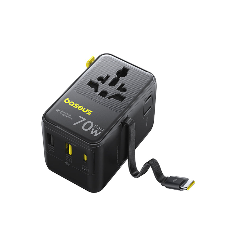 Baseus EnerCore CG11 70W 6-in-1 Travel Adapter with Retractable USB-C Cable - Black