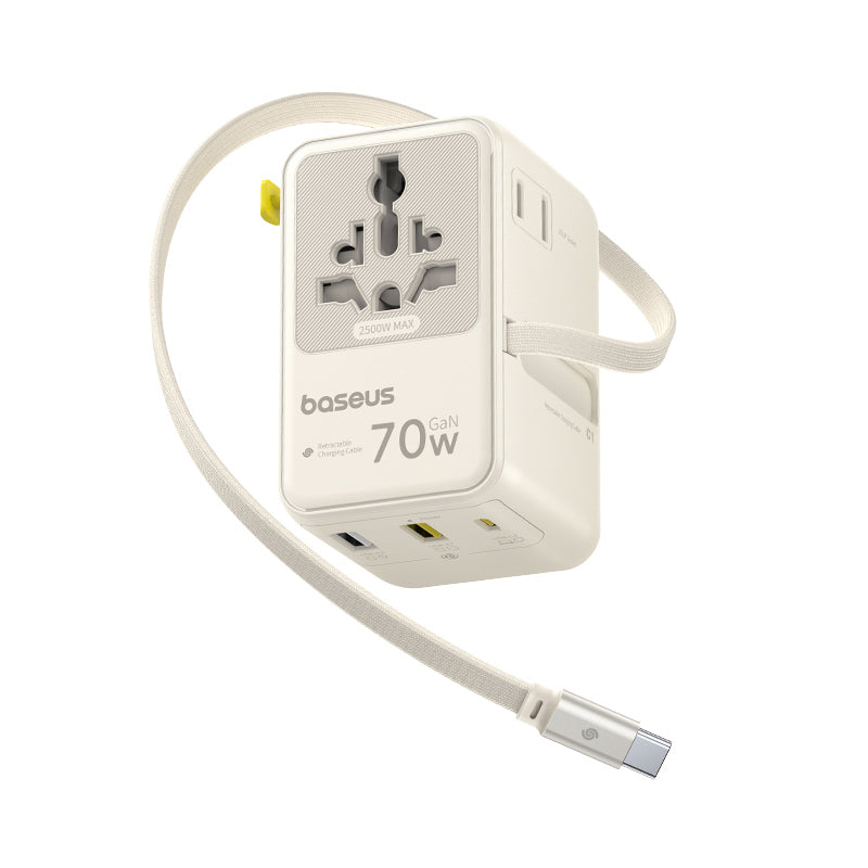 Baseus EnerCore CG11 70W 6-in-1 Travel Adapter with Retractable USB-C Cable - White