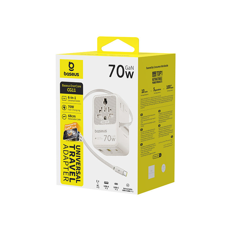Baseus EnerCore CG11 70W 6-in-1 Travel Adapter with Retractable USB-C Cable - White