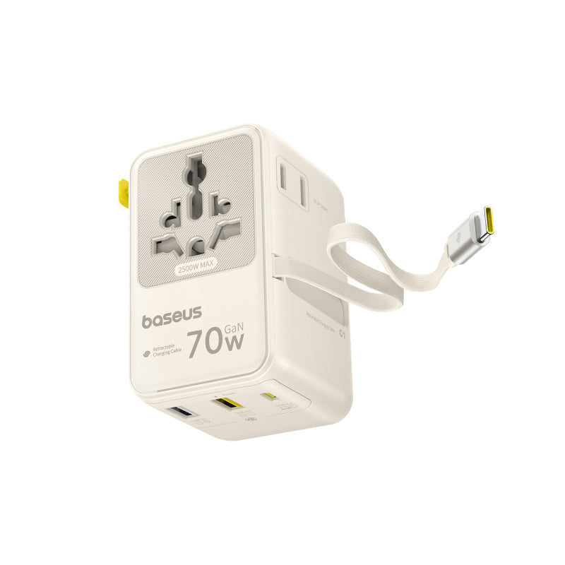 Baseus EnerCore CG11 70W 6-in-1 Travel Adapter with Retractable USB-C Cable - White
