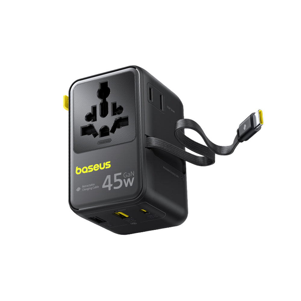 Baseus PicoGo AG11 45W 6-in-1 Travel Adapter with Retractable USB-C Cable - Black