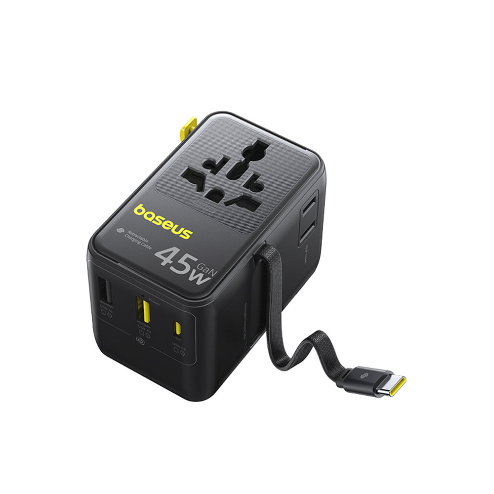 Baseus PicoGo AG11 45W 6-in-1 Travel Adapter with Retractable USB-C Cable - Black