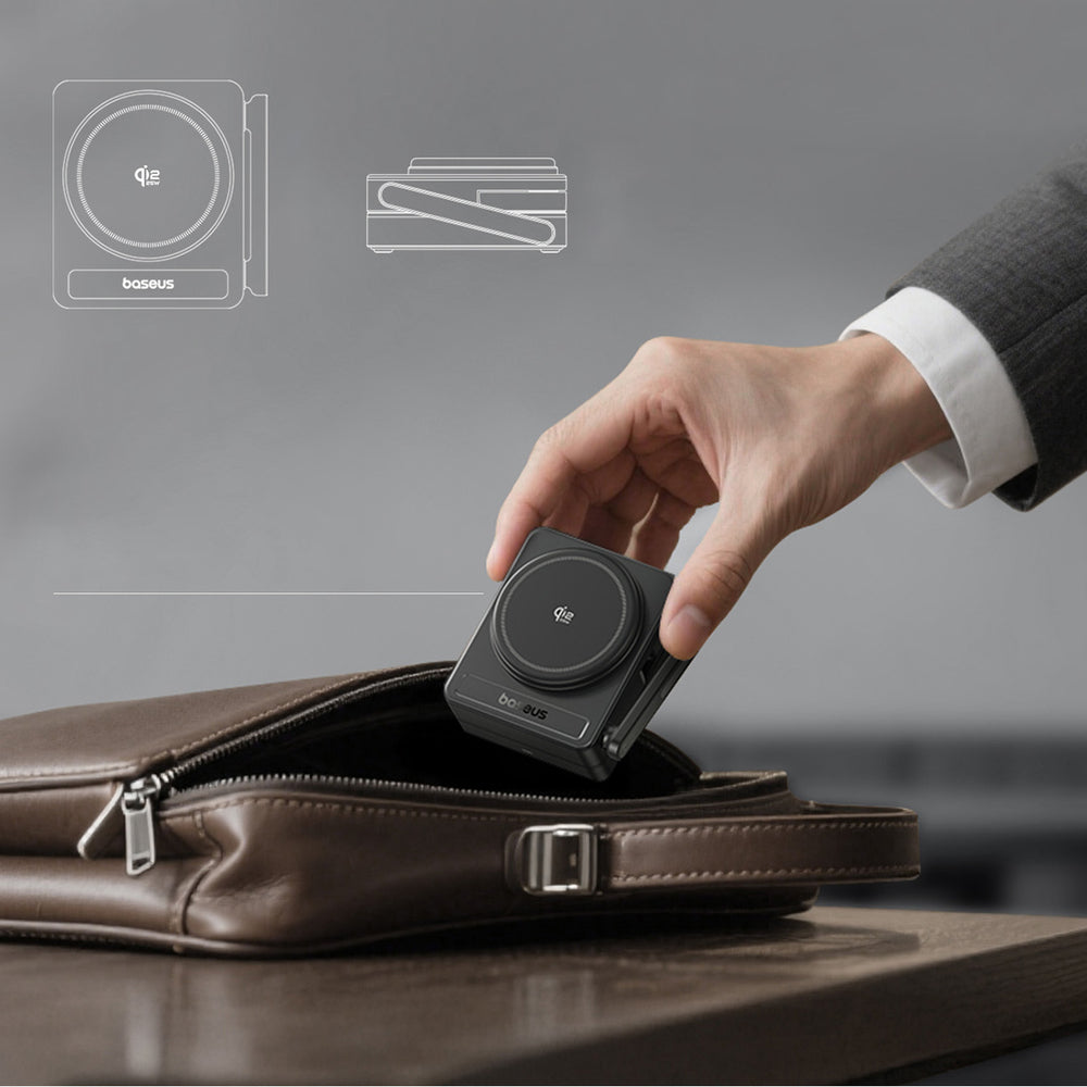 Baseus PicoGo AF21 3-i-1 Qi2.2 35W Trådløs Oplader med 1m USB-C Kabel - Sort