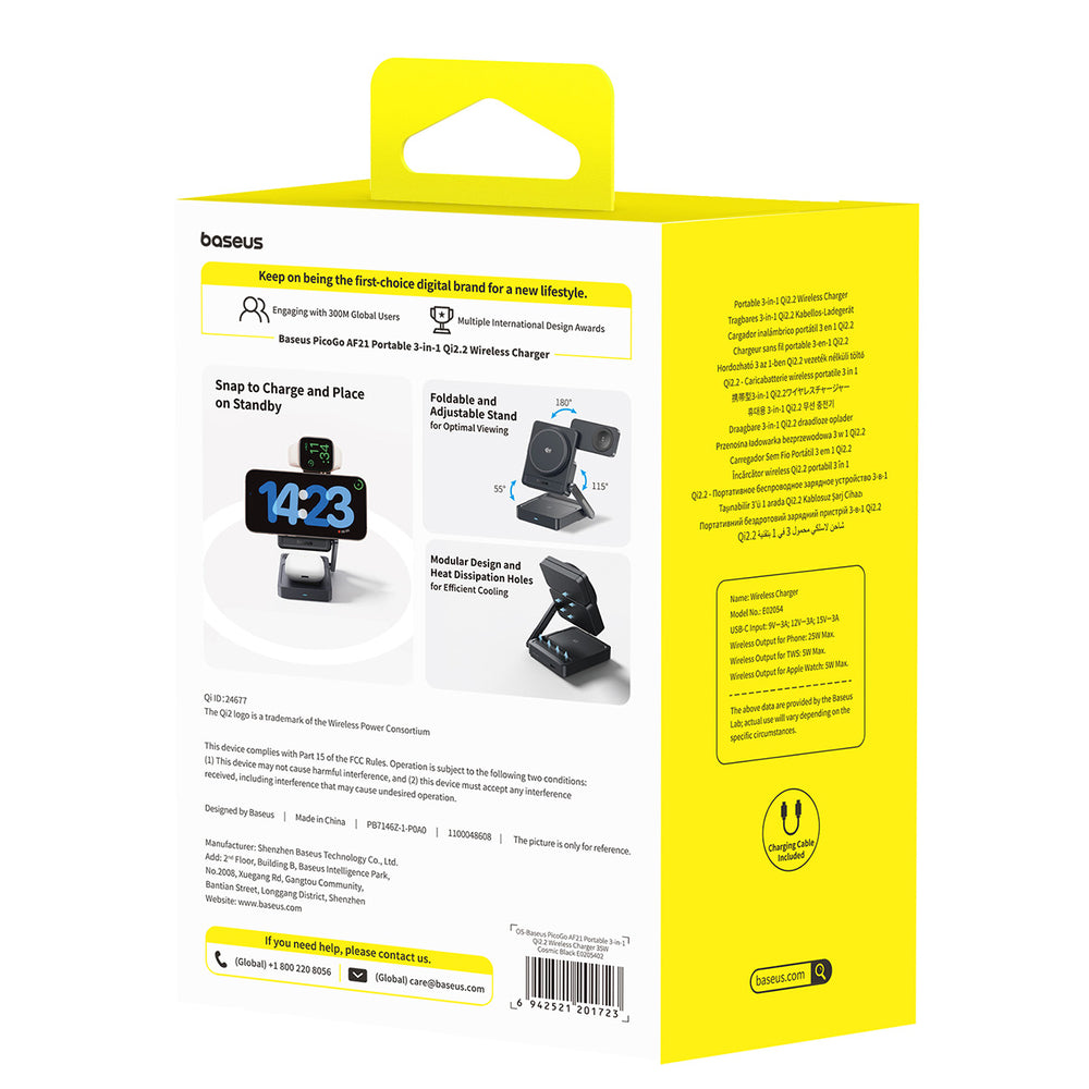 Baseus PicoGo AF21 3-i-1 Qi2.2 35W Trådløs Oplader med 1m USB-C Kabel - Sort