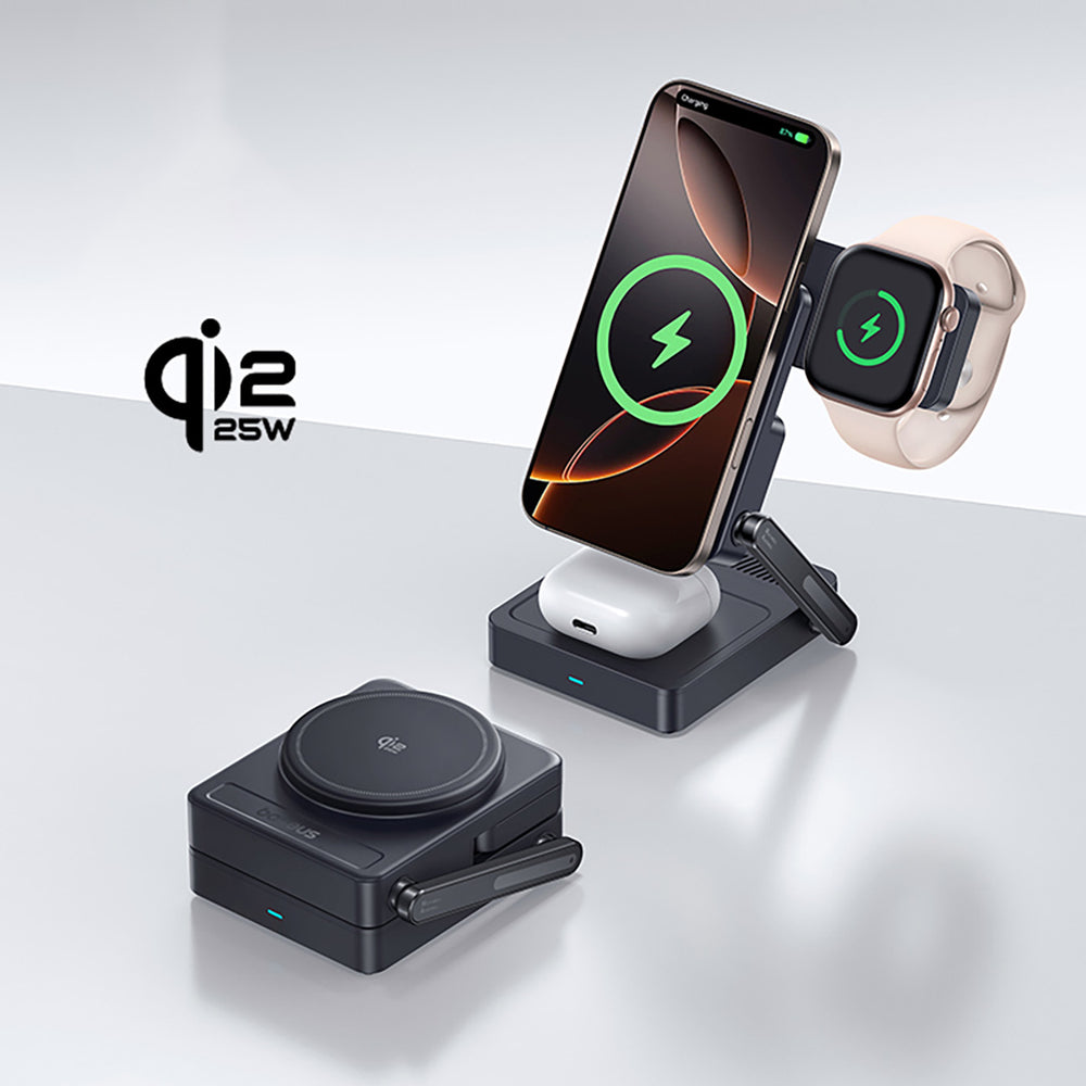 Baseus PicoGo AF21 3-i-1 Qi2.2 35W Trådløs Oplader med 1m USB-C Kabel - Sort