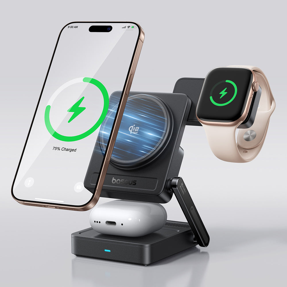 Baseus PicoGo AF21 3-i-1 Qi2.2 35W Trådløs Oplader med 1m USB-C Kabel - Sort