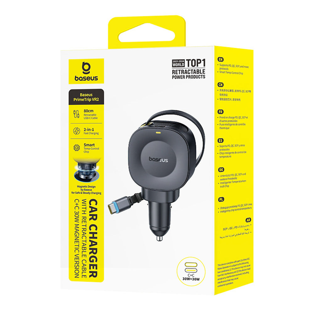 Baseus PrimeTrip VR2 30W + 30W Car Charger with Retractable USB-C Cable - Black