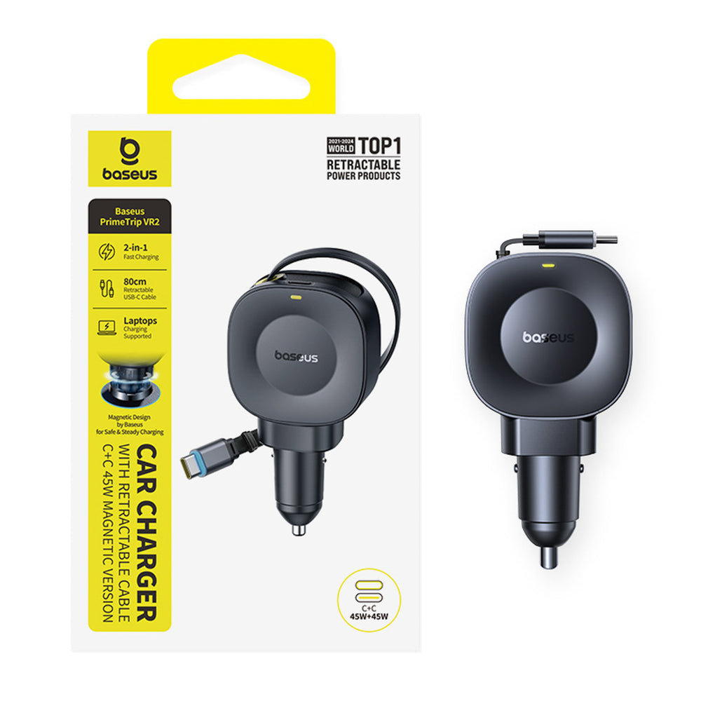 Baseus PrimeTrip VR2 45W + 45W Car Charger with Retractable USB-C Cable - Black