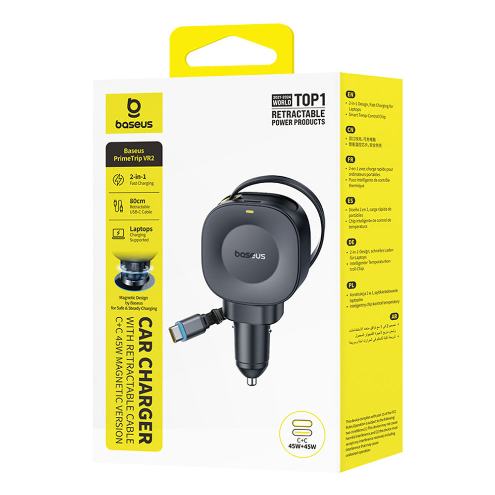 Baseus PrimeTrip VR2 45W + 45W Car Charger with Retractable USB-C Cable - Black