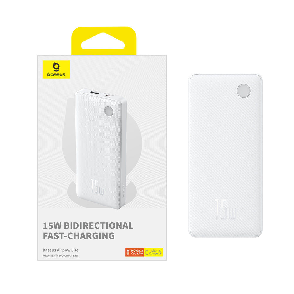 Baseus Airpow Lite 10000mAh 15W Power Bank with Baseus Simple USB-A - USB-C 30cm Cable - White