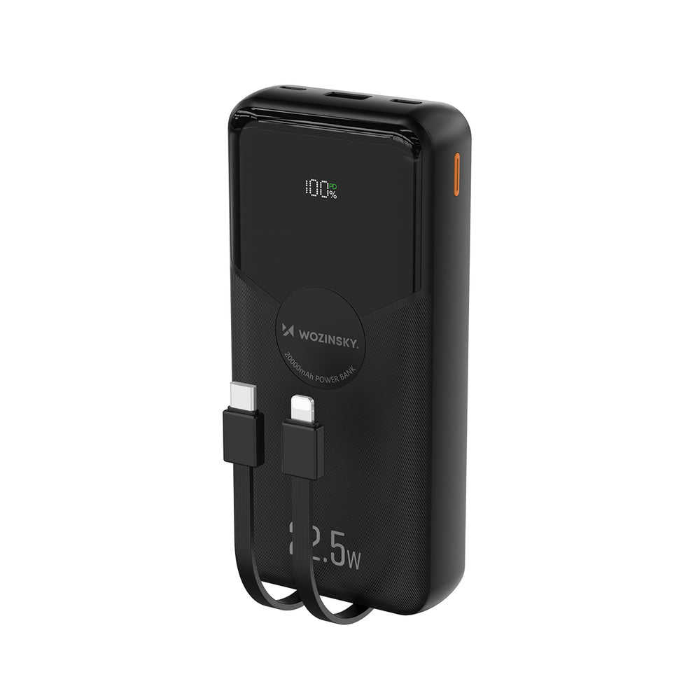 Wozinsky WFC-15B 20000mAh 22.5W PD20W Powerbank med indbygget Lightning og USB-C kabler - sort
