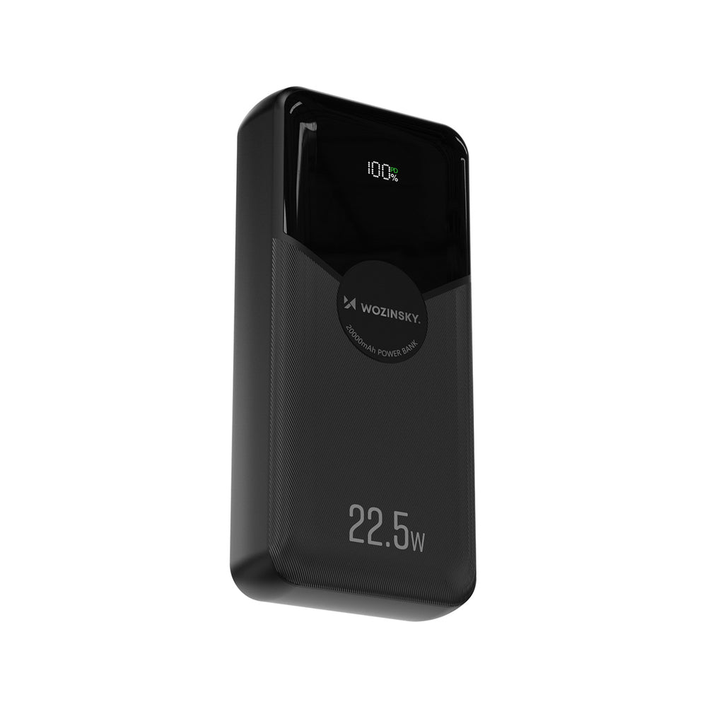 Wozinsky WFC-15B 20000mAh 22.5W PD20W Powerbank med indbygget Lightning og USB-C kabler - sort