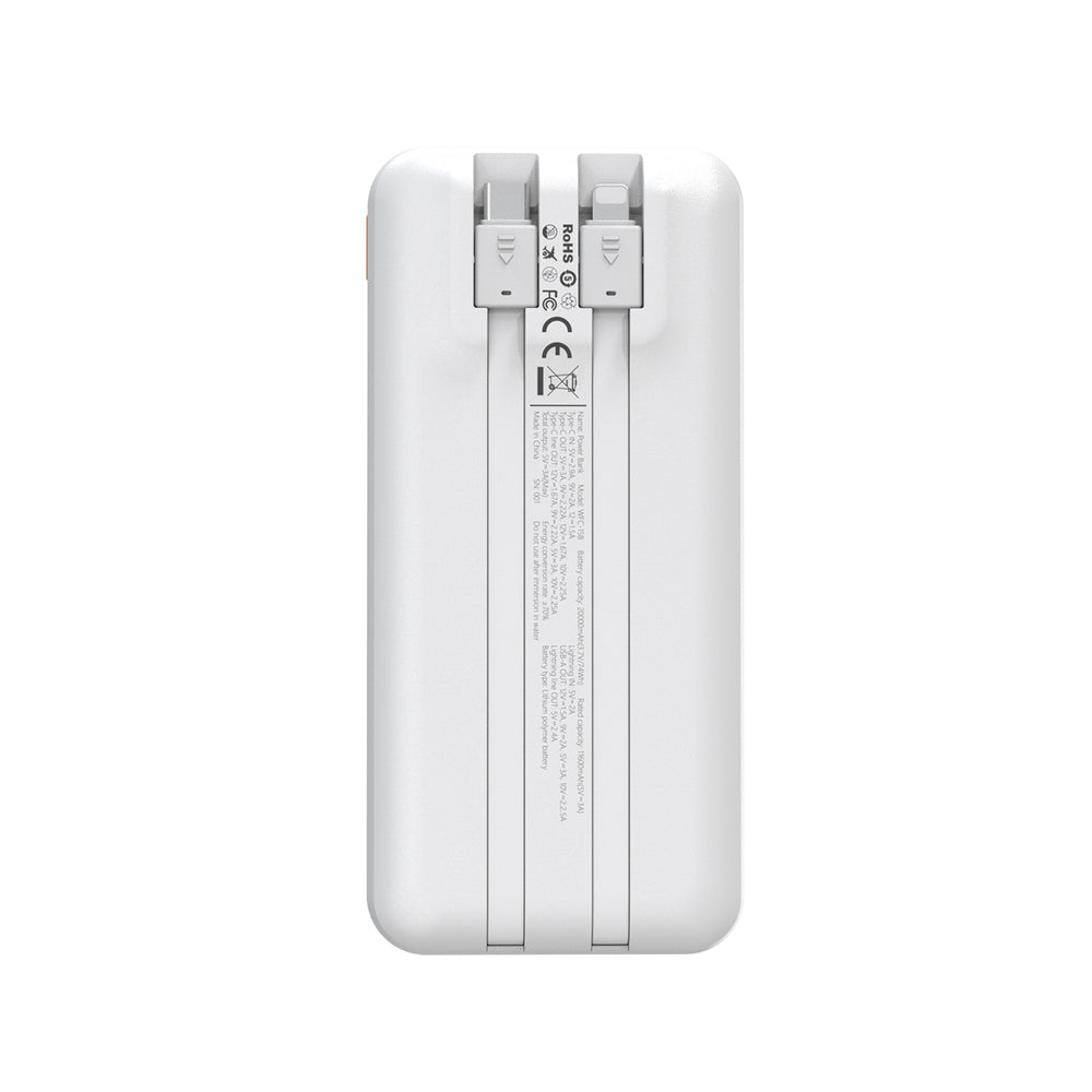Wozinsky WFC-15W 20000mAh 22.5W PD20W Powerbank with Built-in Lightning and USB-C Cables - White