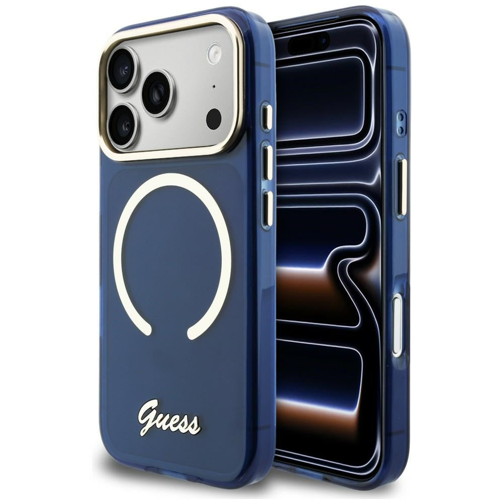 Guess IML Script Metal MagSafe Case til iPhone 17 Pro Max - Blå