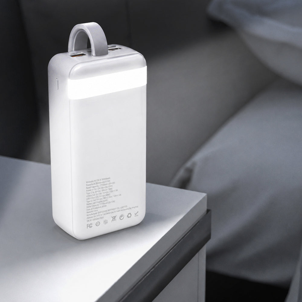 Wozinsky W8-W 30000mAh 30W Powerbank 2x USB-A og USB-C med lommelygte - hvid