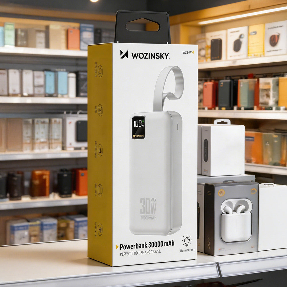 Wozinsky W8-W 30000mAh 30W Powerbank 2x USB-A og USB-C med lommelygte - hvid