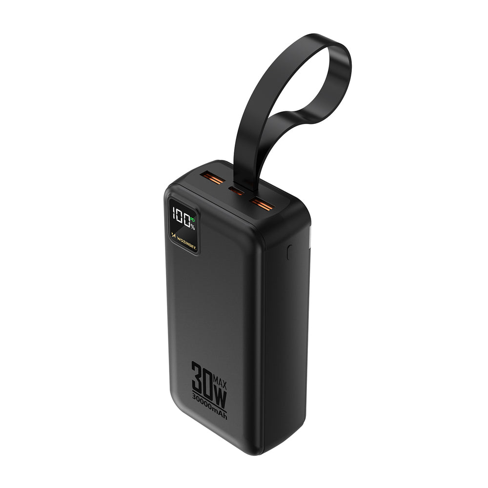 Wozinsky W8-W 30000 mAh 30W Powerbank 2x USB-A og USB-C med lommelygte - sort
